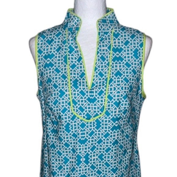 NWT Eliza J Turquoise Blue & Lime Green Sleeveless Retro Mod Print Dress - 6 - Picture 2 of 12